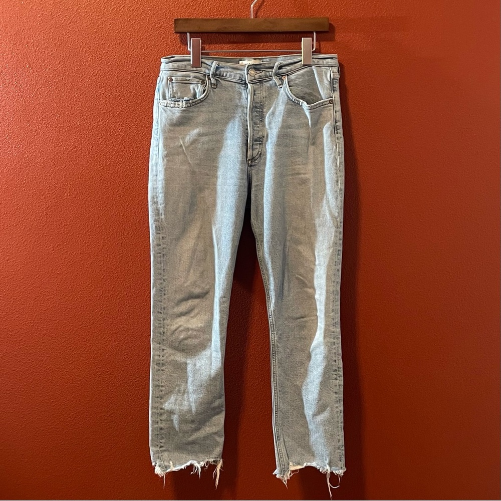 Agolde Women’s The Riley Crop Distressed Grunge Blue Wash Button Fly Jeans